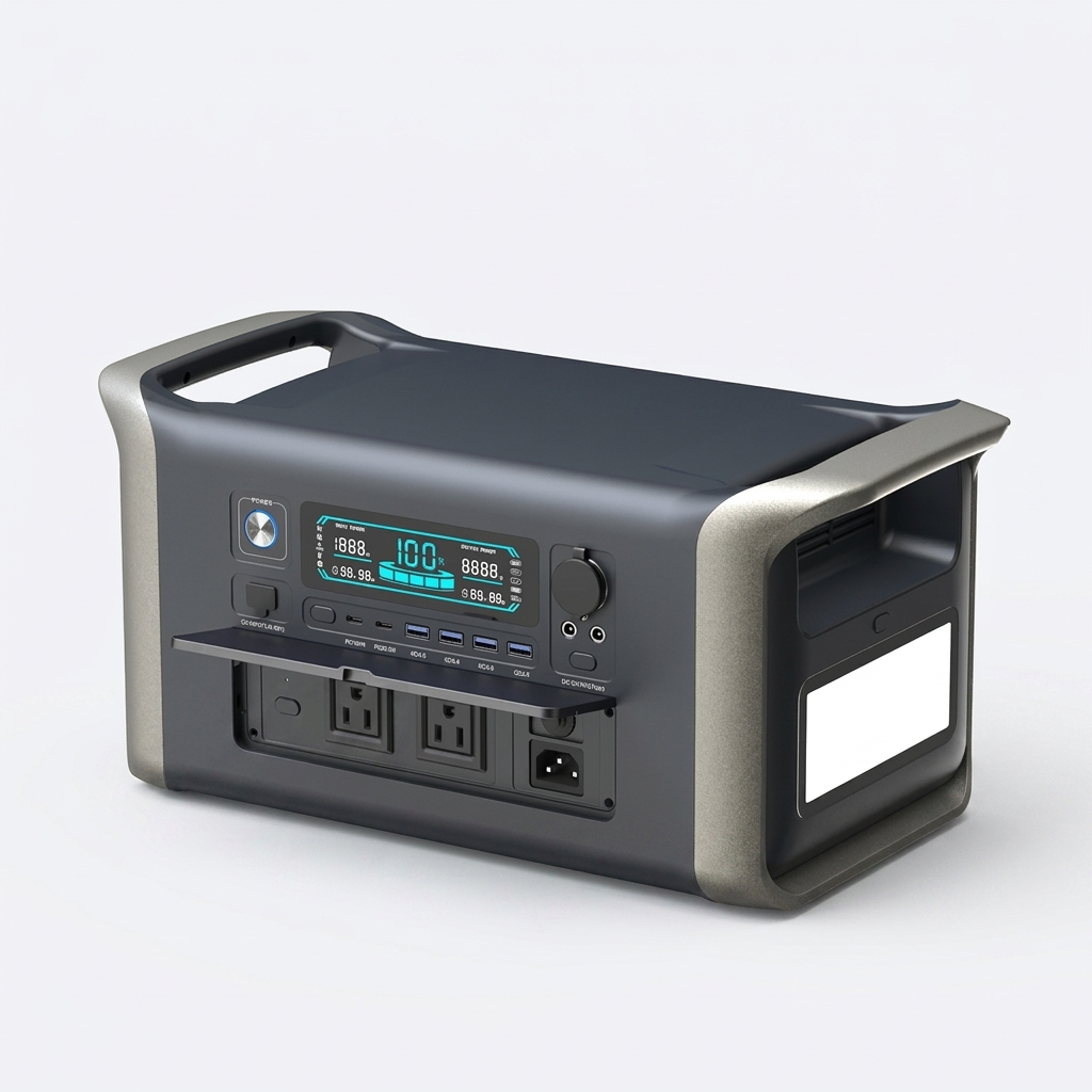 Tactical PowerX portable power station studio view showing display, ports and AC outlets