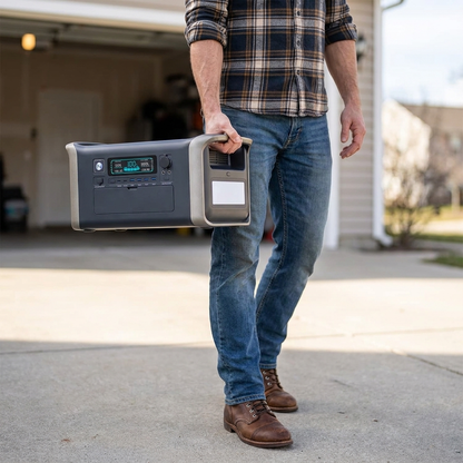Man carrying the Tactical PowerX by its side handle - portable size reference