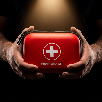 Tactical First Aid Kit held in two hands - compact red hard-shell emergency medical kit