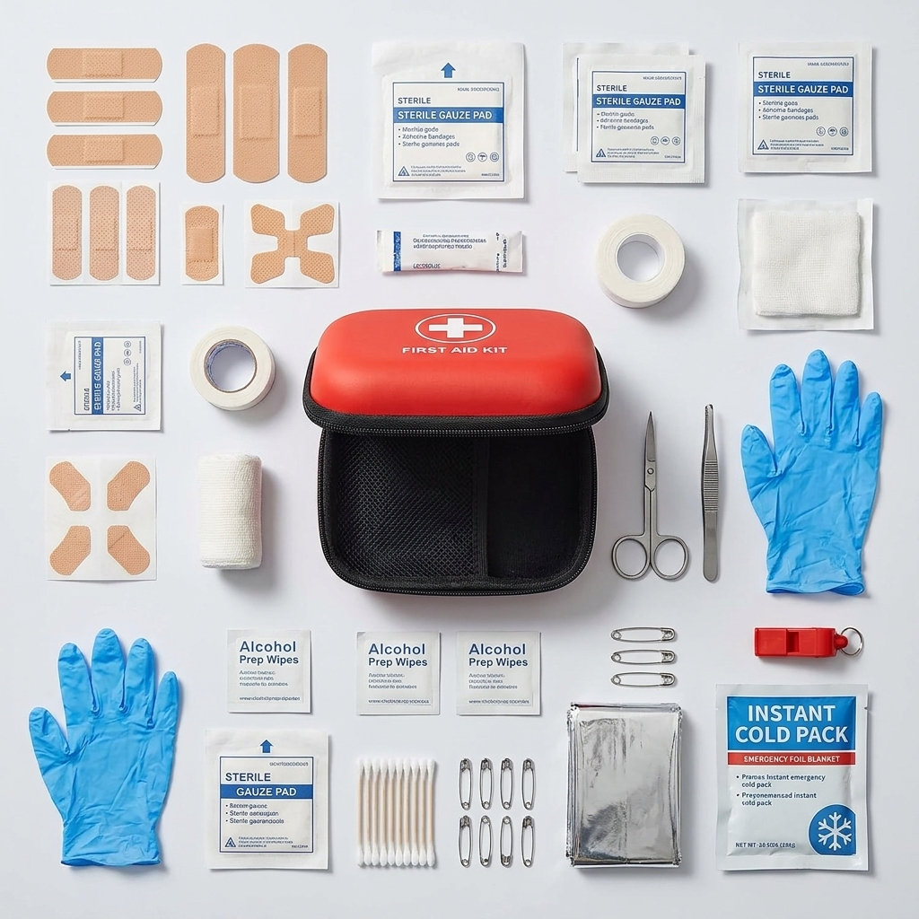 Everything inside the Tactical First Aid Kit laid out - bandages, gauze, tools and supplies