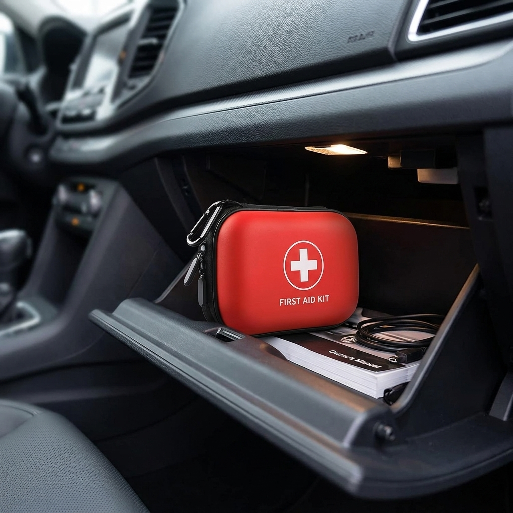 Tactical First Aid Kit stored in a car glovebox for road emergencies