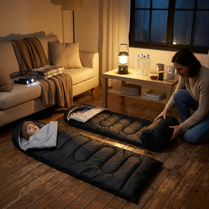 Family using Emergency Sleeping Bags at home during a power outage