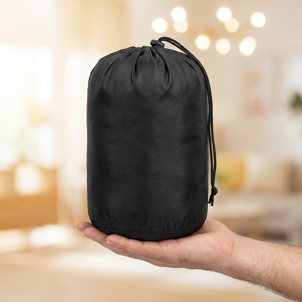 Emergency Sleeping Bag stuff sack held in one hand showing compact size